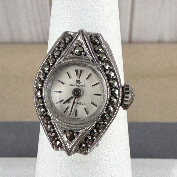 Vintage Swiss Made Bucherer .800 Silver Marcasite Ring Watch Mint Condition - Picture 1 of 12